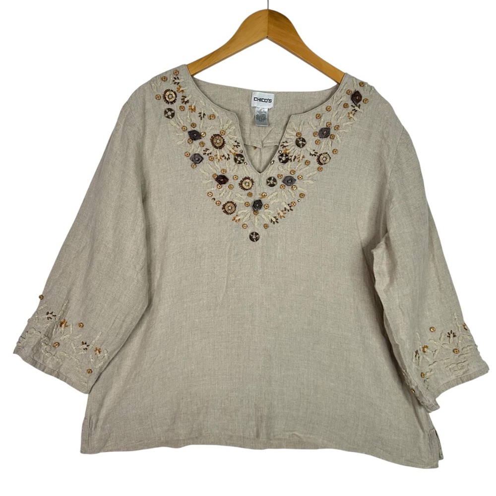 Chico's Beige Floral Embroidered Blouse
